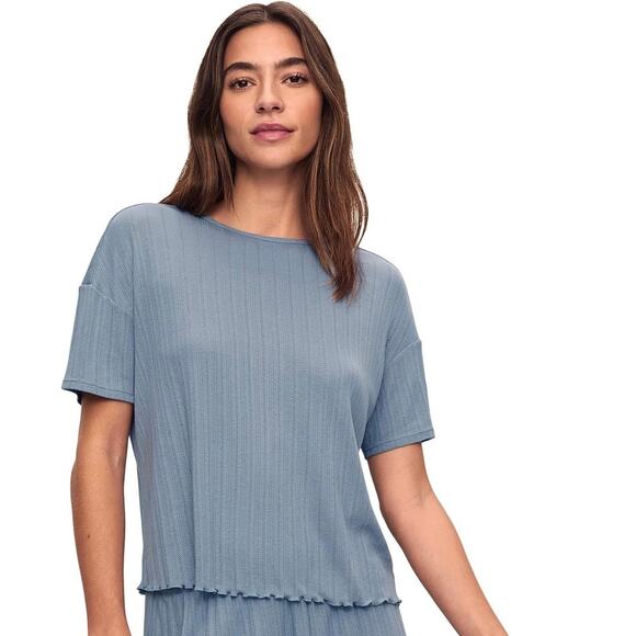 Eberjey Women's Small Faded Denim Pointelle Top Lettuce Hem Short Sleeve O8-10 - Picture 1 of 9